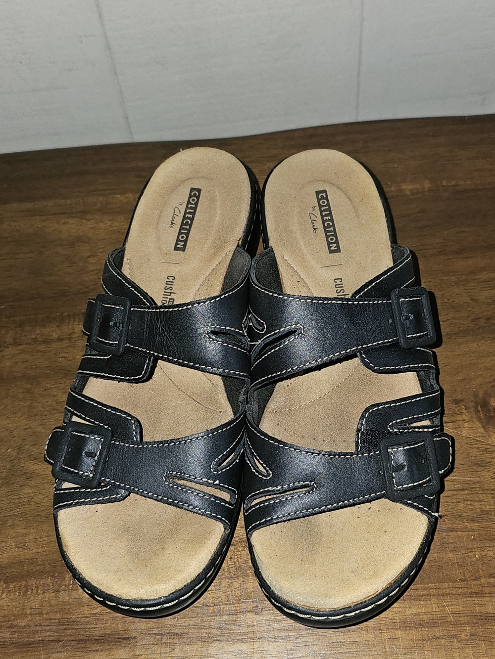 Clarks Black Leather Double-Buckle Slide Sandals